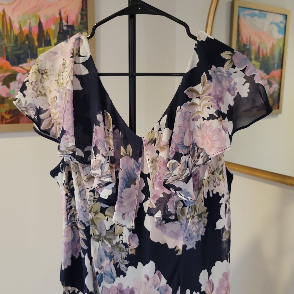 NWT CONNECTED APPAREL Flutter Sleeve Chiffon Midi Dress Black Pink Size 16W - Picture 5 of 9